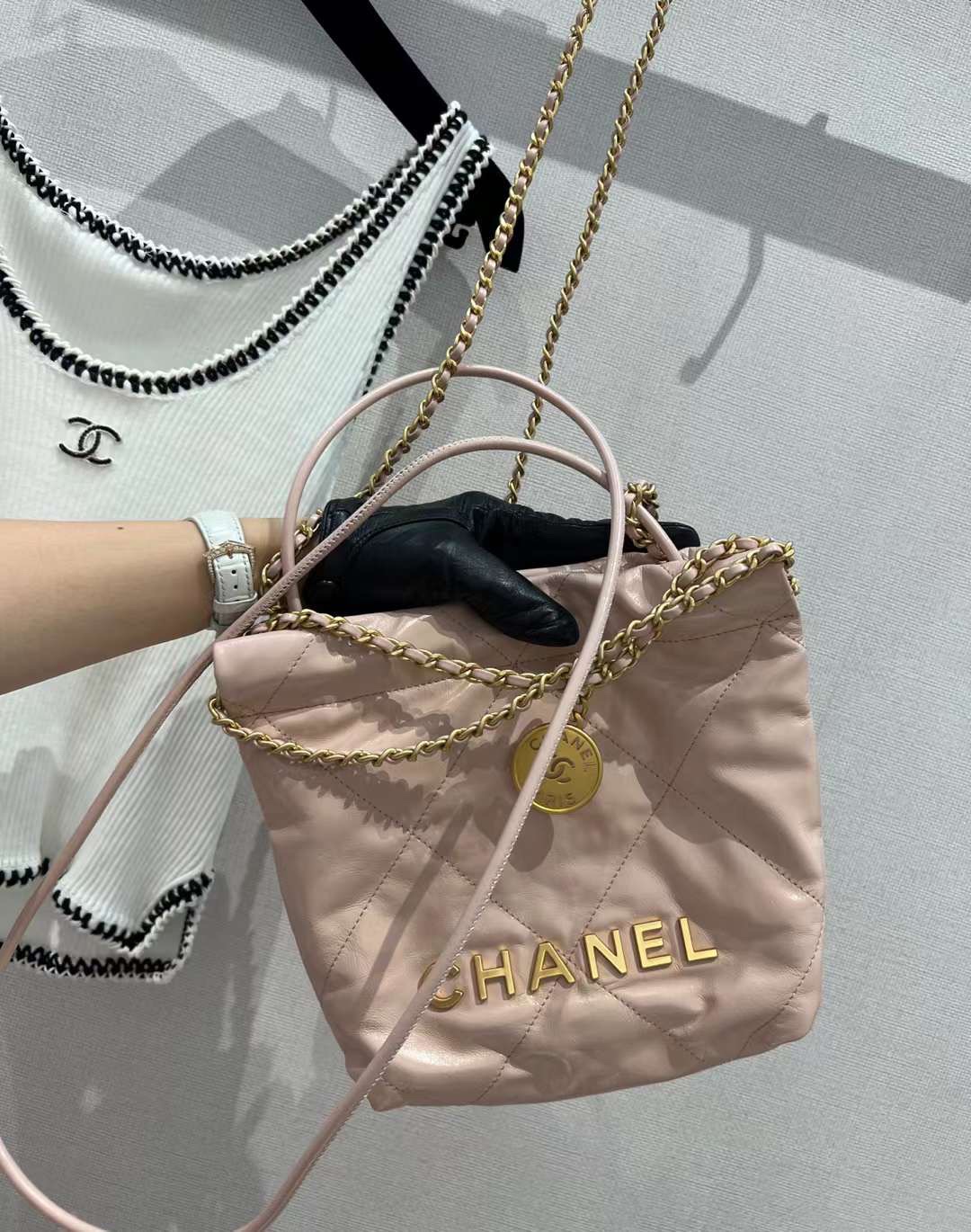 【P1880】Chanel女包货源 香奈儿22手袋迷你款 粉色菱格纹链条单肩斜挎包