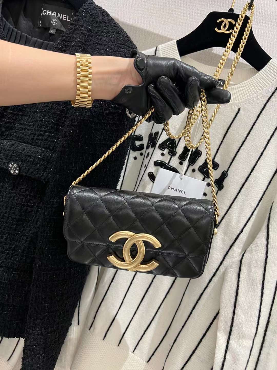【P1580】Chanel23年新款包包 香奈儿黑色复古款大Logo链条手机包腋下包