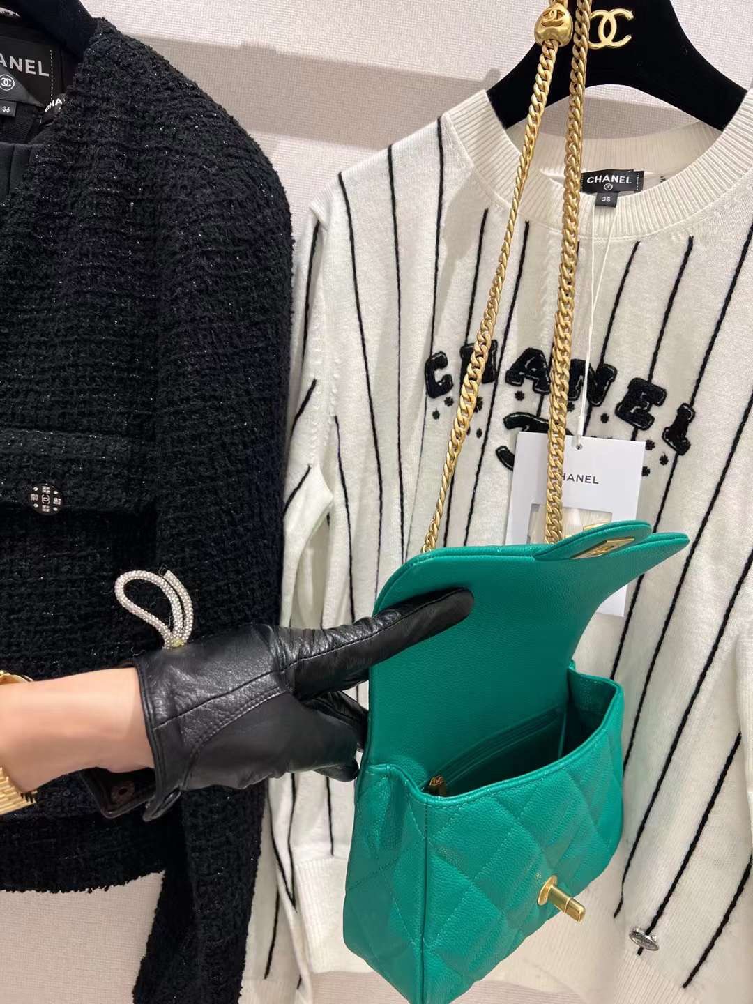 【P1880/2030/2180】香奈儿Chanel绿色荔枝纹牛皮爱心扣调节链条单肩包包