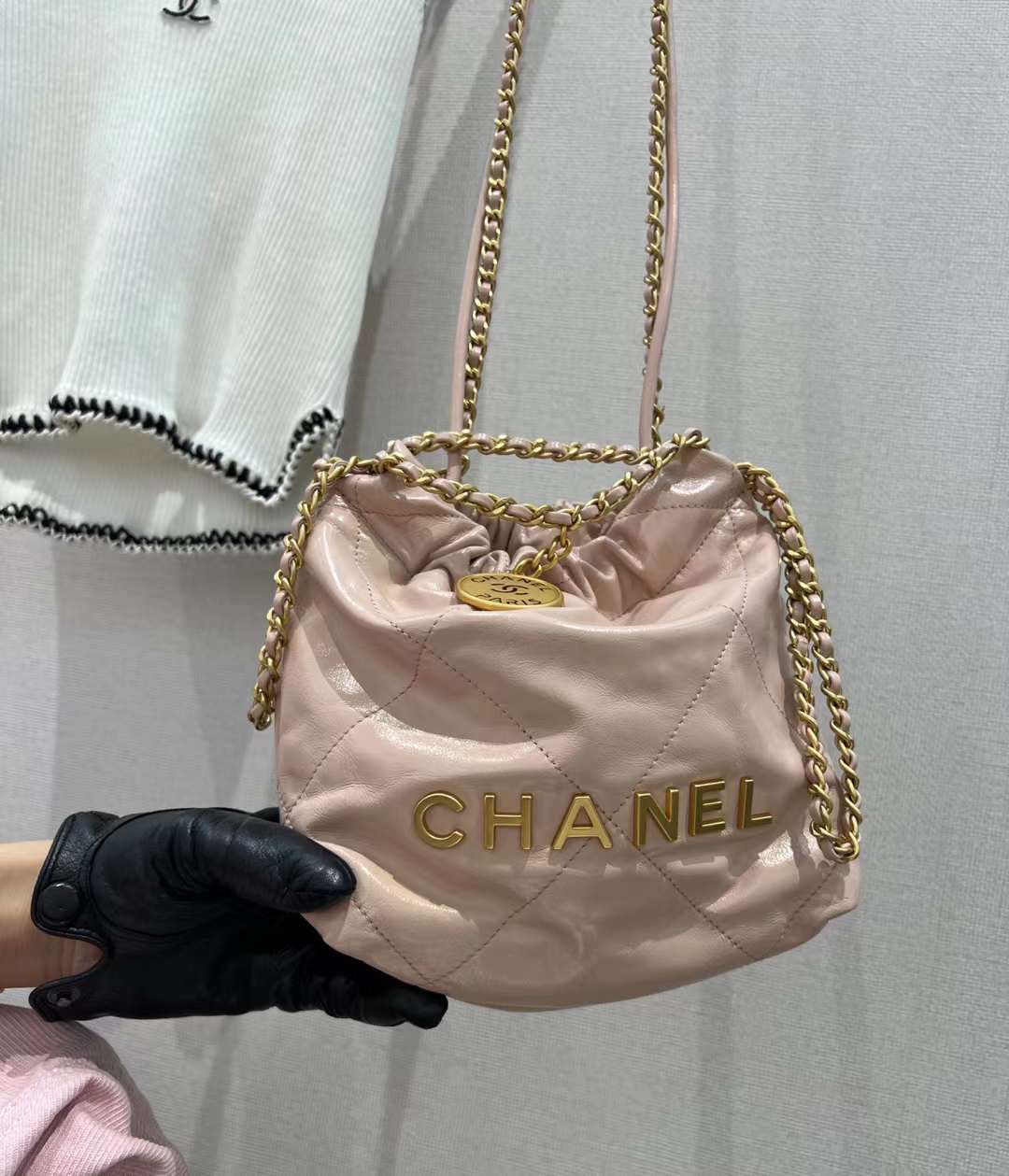 【P1880】Chanel女包货源 香奈儿22手袋迷你款 粉色菱格纹链条单肩斜挎包