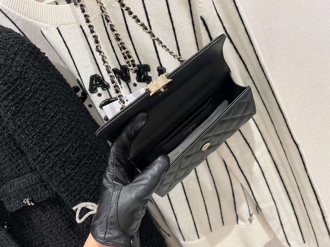 【P1280】一件代发 Chanel香奈儿进口荔枝纹牛皮链条斜挎手提女包18CM 黑色