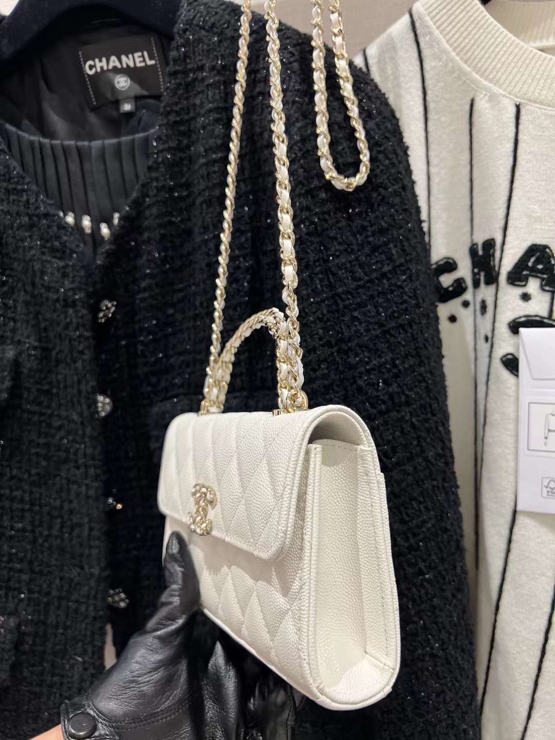 【P1280】Chanel包包官网 香奈儿白色荔枝纹牛皮23年新款链条手柄包斜挎包