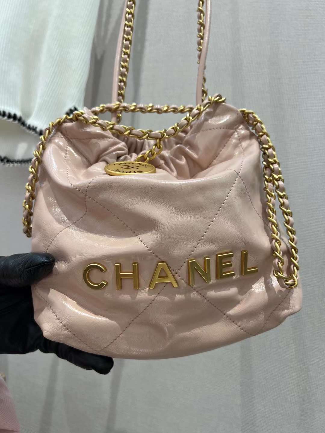 【P1880】Chanel女包货源 香奈儿22手袋迷你款 粉色菱格纹链条单肩斜挎包