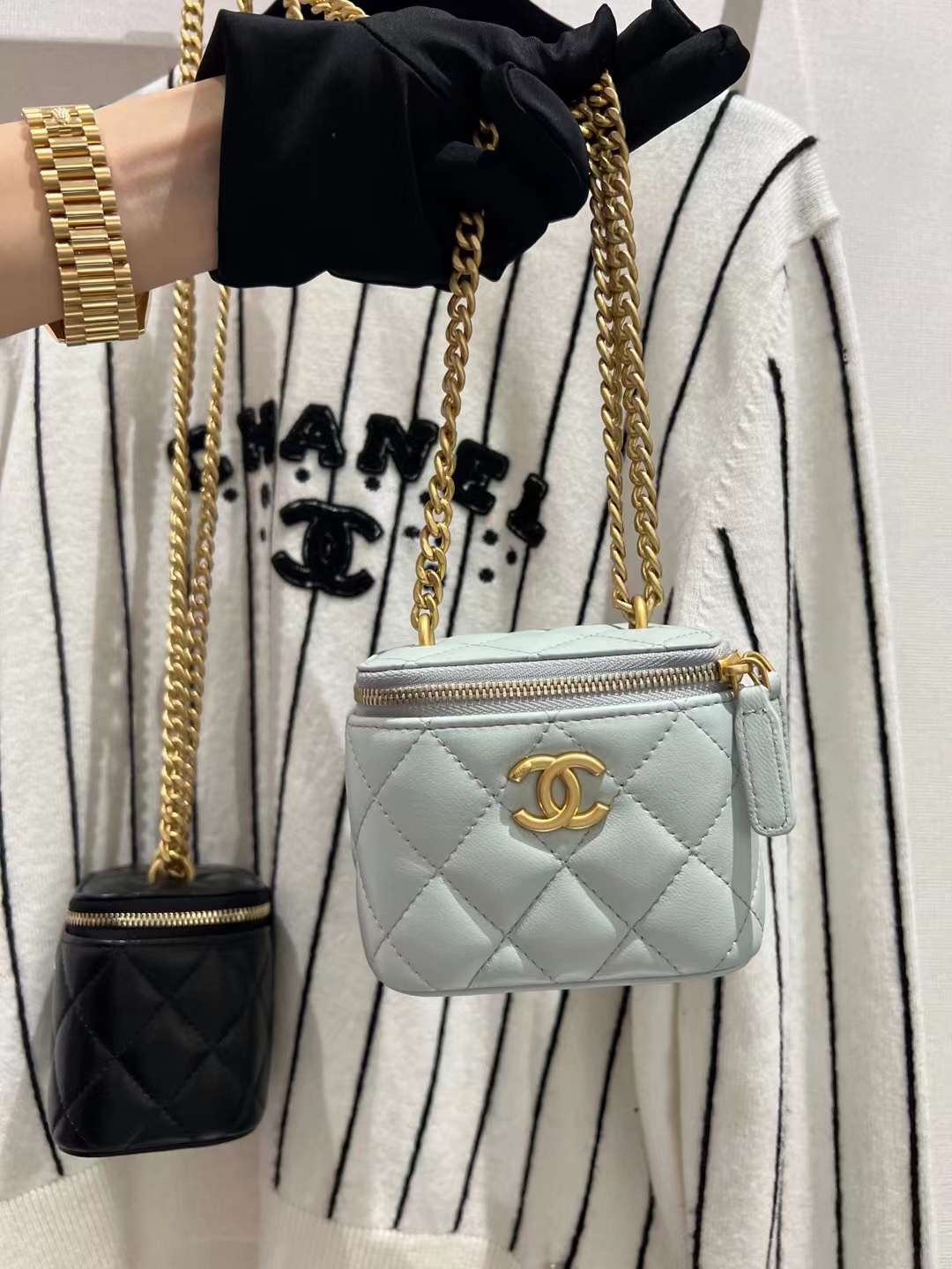 【P1170】香奈儿2023新款女包 Chanel菱格羊皮山茶花调节链条盒子包 Baby蓝