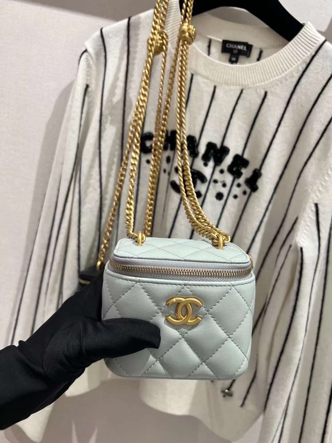 【P1170】香奈儿2023新款女包 Chanel菱格羊皮山茶花调节链条盒子包 Baby蓝