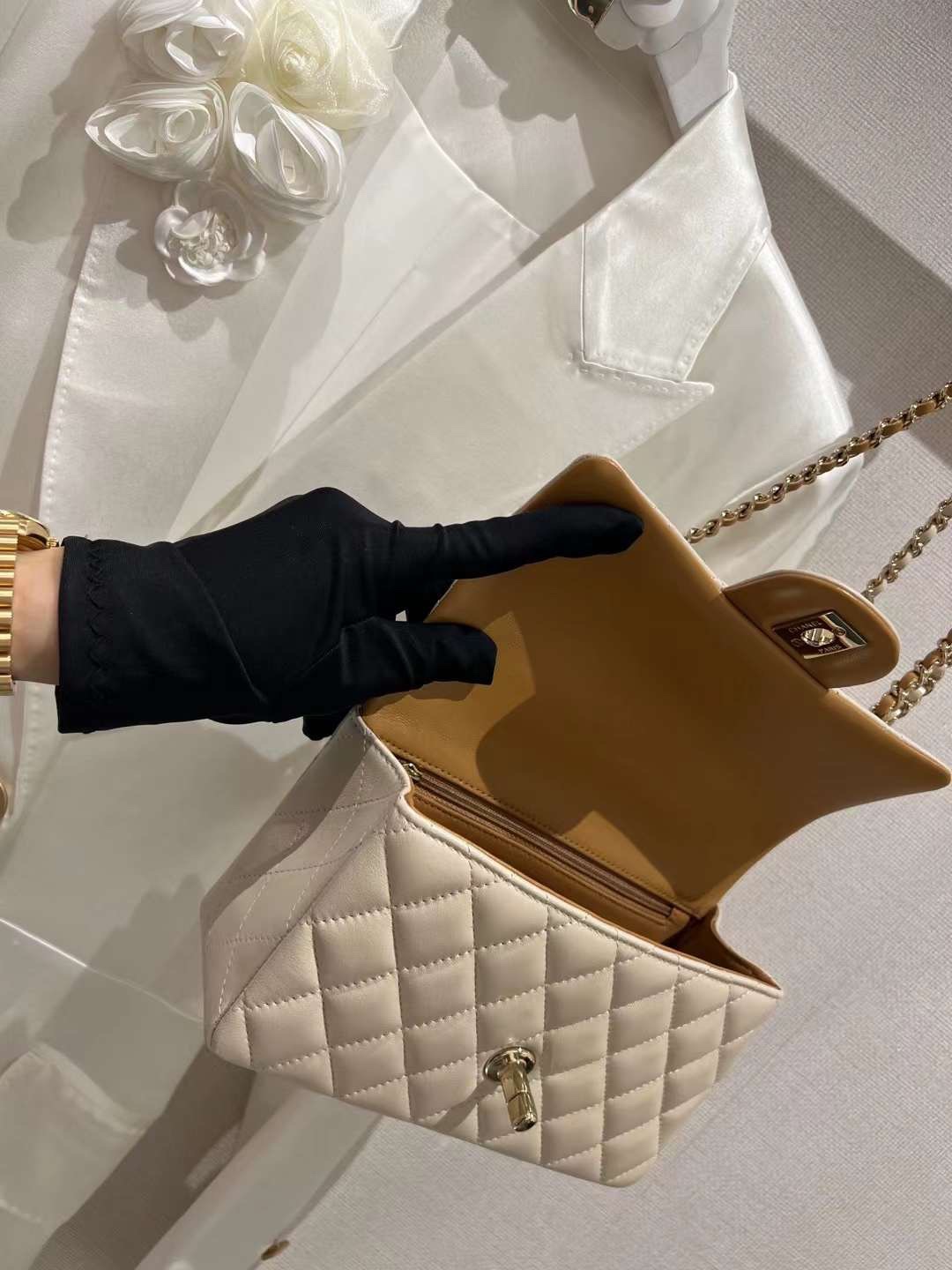 【P1880】厂家直销 Chanel香奈儿奶油米配奶油咖手提CF包包链条单肩包20CM