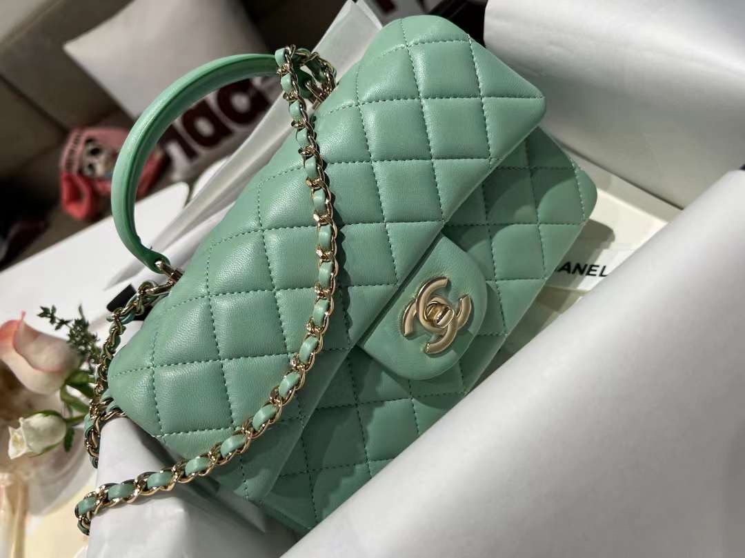 【P1880】一件代发 Chanel香奈儿浅绿菱格羊皮CF Handle手提包链条包