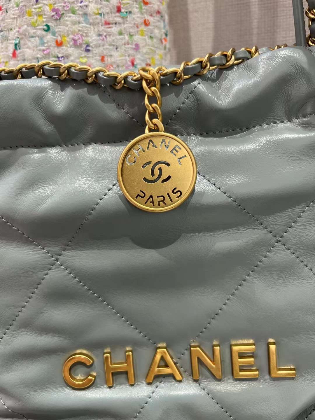 【P1880】厂家直销 Chanel香奈儿爆款菱格纹链条单肩迷你22包包 雾霾蓝