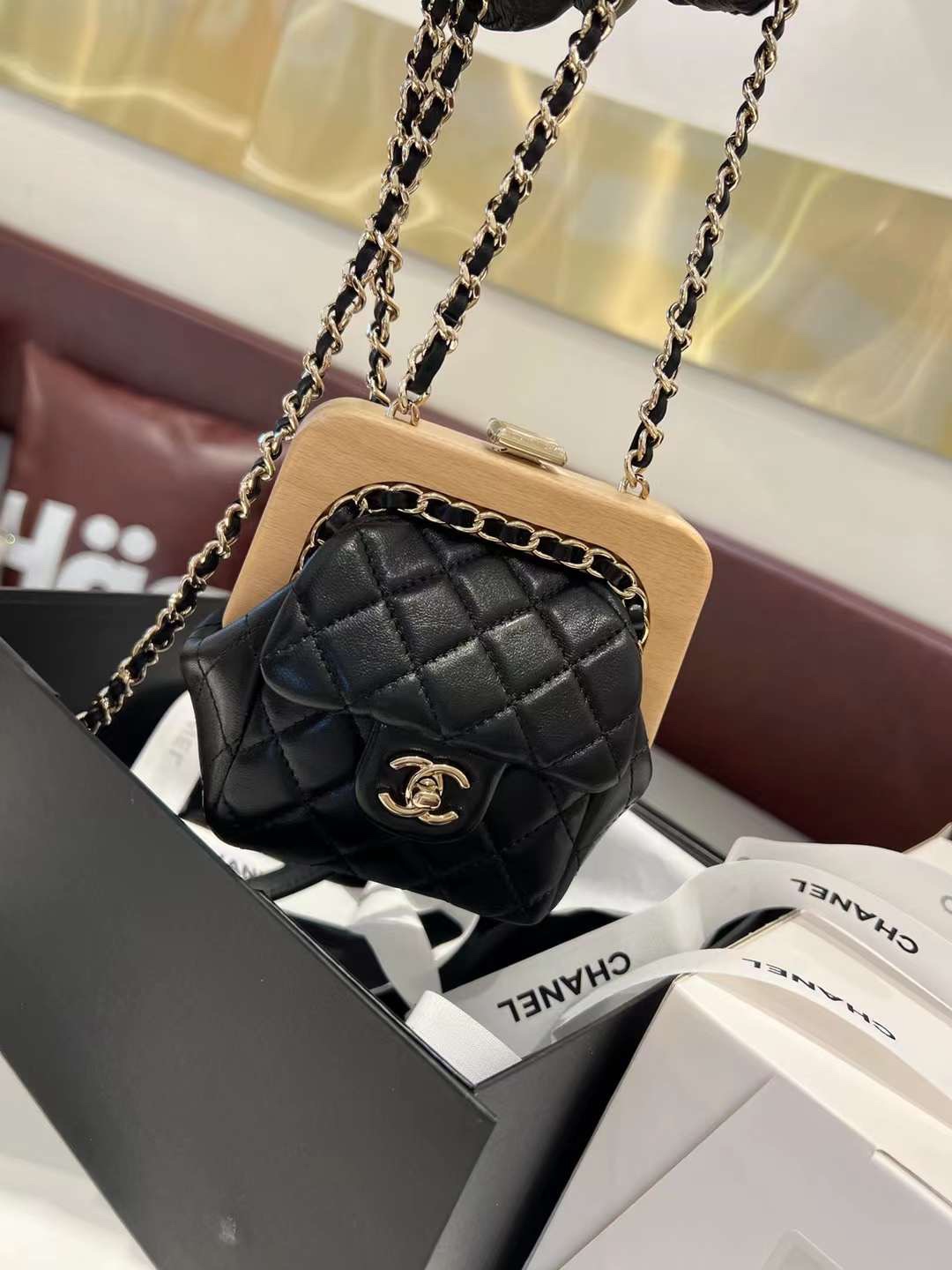 【P2180】香奈儿包包官网 Chanel Clutch Bag 木盒夹口包晚宴包手拿包 黑色