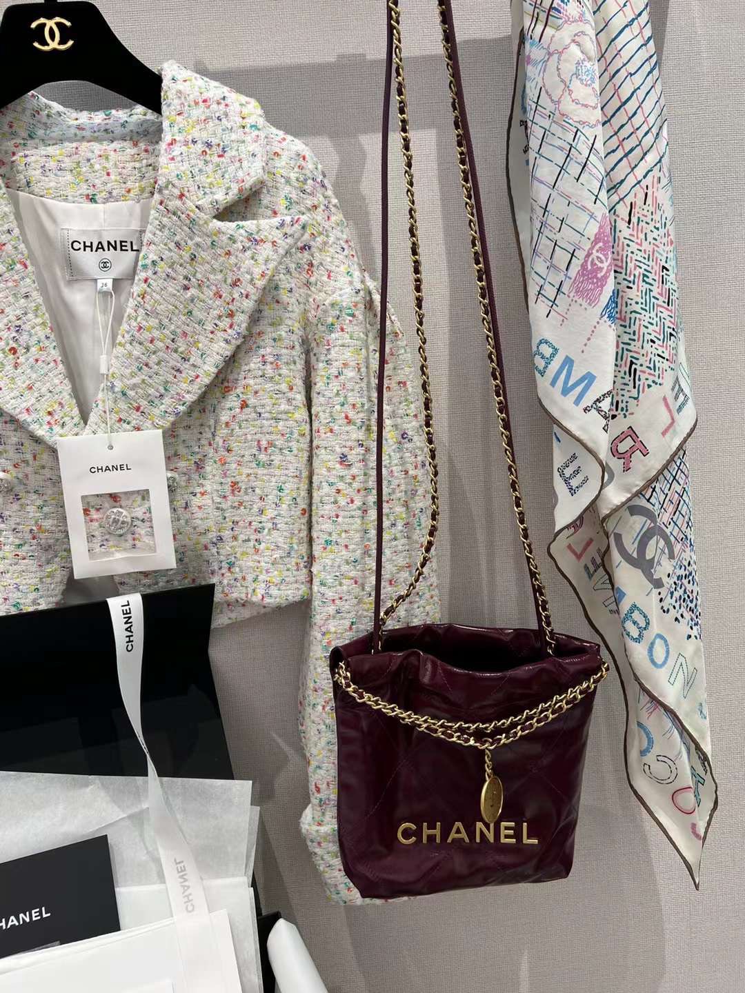 【P1880】Chanel mini 22bag 香奈儿2023春夏新款酒红色链条单肩斜挎包