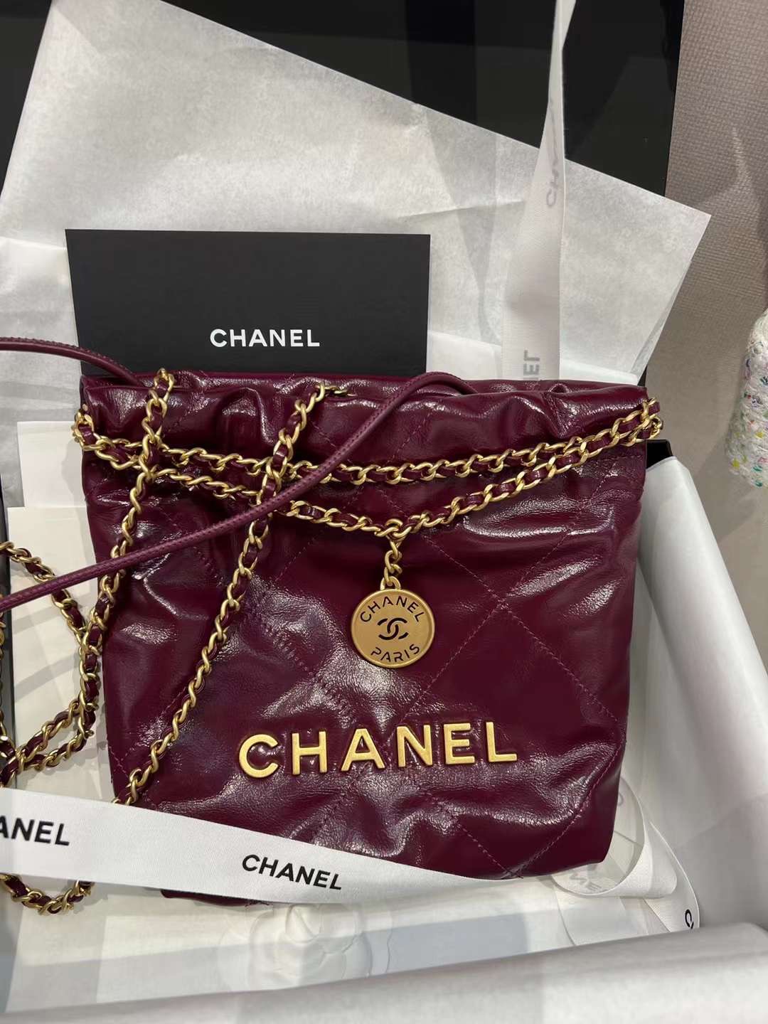 【P1880】Chanel mini 22bag 香奈儿2023春夏新款酒红色链条单肩斜挎包