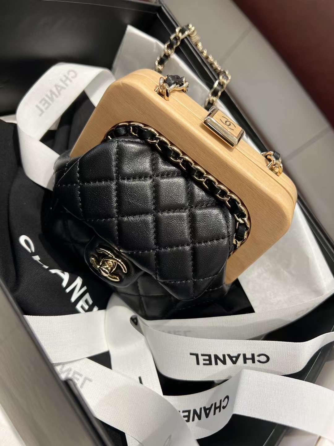 【P2180】香奈儿包包官网 Chanel Clutch Bag 木盒夹口包晚宴包手拿包 黑色